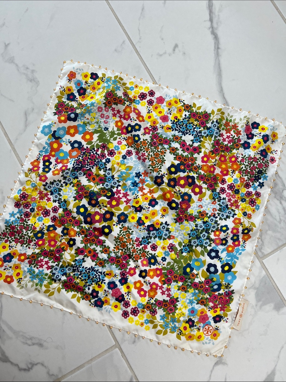 Tory Burch White Floral Print Silk Scarf with Multicolor Blooms and Beaded Trim